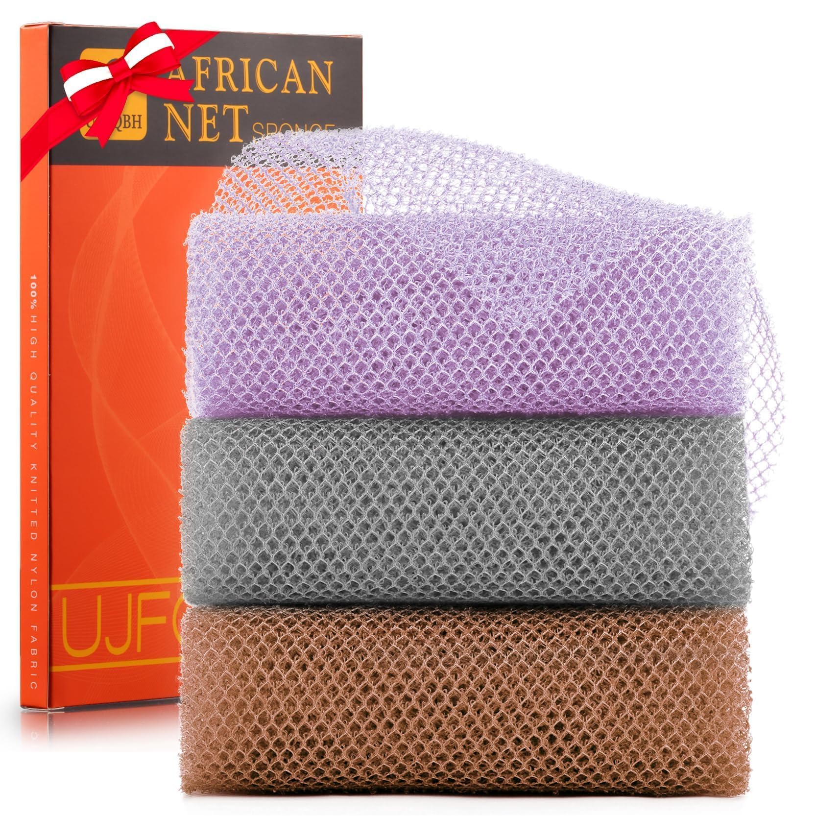 UJFQBH 3 Pieces African Bath Sponge African Net Long Net Bath Sponge Exfoliating Shower Body Scrubber Back Scrubber Skin Smoother,Great for Daily Use (Pink,Yellow,Purple)